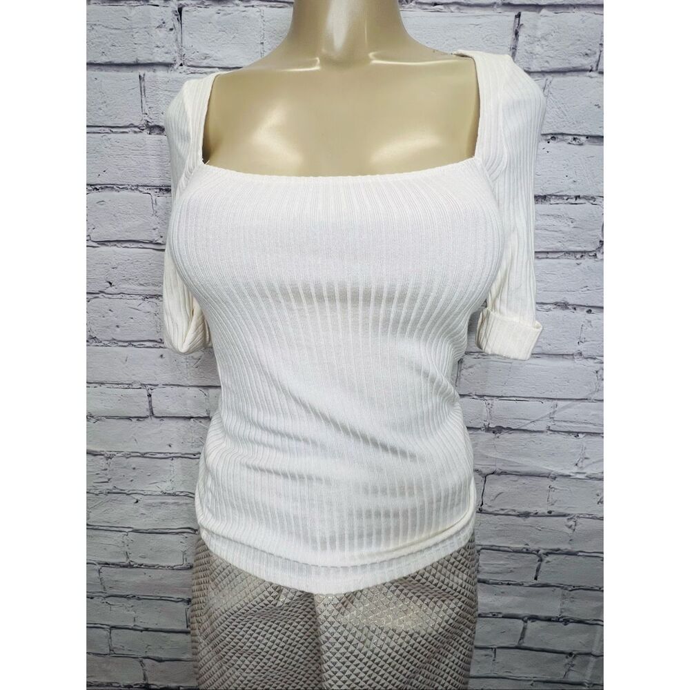 Reformation Womens Cream Y2K Leanne Square Neck 3/4 Sleeves Fitted‎ Tops Small